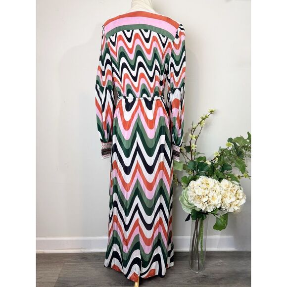 FARM Rio Wave Gradient Maxi Dress Long Sleeve Drawstring Waist Multicolor Size M - Picture 9 of 15